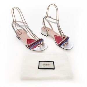 Gucci Bertie Crystal T-Strap Flat Sandals EU 37.5 US 7.5 Silver Red White Blue
